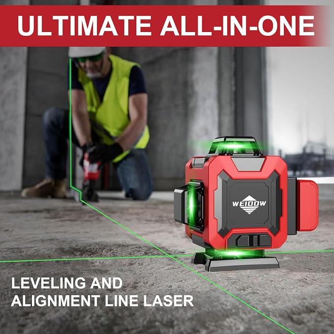 WEIDDW Laser Level with Tripod, Self Leveling Laser Level 4x360°, Green Line Laser 4D Laser Leveler Tool with 2Pcs Lithium Batteries for Picture Hanging, Tile, Home Renovation(SizeX)