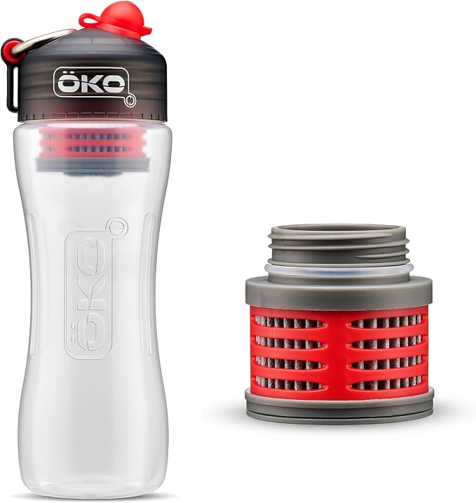 OKO Purification Water Bottle with Replacement Filter, Portable Water Purifier Bottle for Travel & On the Go, BPA Free Reusable Bottle, Long Lasting 100 Gallon Filter, 22 Oz