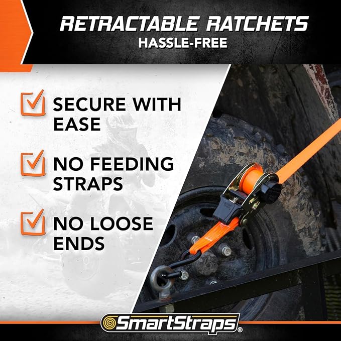 SMARTSTRAPS 10’ Retractable Ratchet Straps, 2 Pack – 3,000lb Break Strength, 1,000lb Safe Work Load — Haul Motorcycles, Boats, and Appliances with Patented Technology Heavy Duty Ratchet Straps
