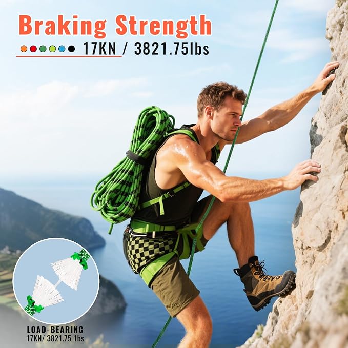 10.5mm Static Climbing Rope - 32FT Rock Climbing Rope for Adults & Kids, Outdoor Heavy Duty Rappelling Ropes for Fire Rescue, Escape, Ice Climbing, Parachute, Caving - Army Green