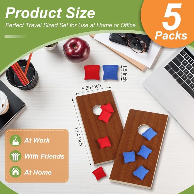 5 Portable Mini Tabletop Cornhole Set 10 Wooden Board Desktop Corn Hole Toss Game 40 Bean Bag for Xmas Group Office Employee Family Student Fun Travel