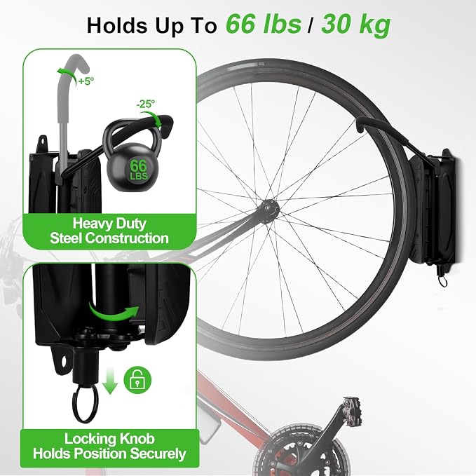 Swivel Bike Wall Mount, Bike Hangers for Garage, Space-Saving Vertical Bike Rack Holds Up to 66lbs, Heavy Duty Bicycle Storage Rack for MTB and Road Bikes, Easy to Install（4 Pack）