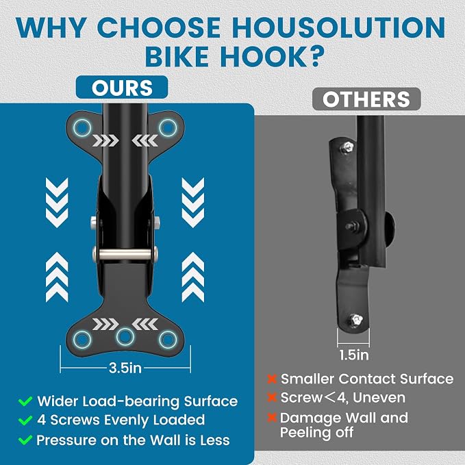 Housolution Bike Wall Mount - [2 Pack] EVA Foam Padded up to 48.5 lbs, Carbon Steel, Valve Mechanism, Heavy-Duty Adjustable Bike Wall Hanger for Road, Mountain and Hybrid Bikes, Garage & Apartment