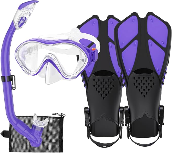 Snorkeling Gear for Kids with Foldable Silicone Full Dry Snorkel, Kids Snorkel Set Anti Leak Youth Junior Snorkeling Package Diving Mask Soft Tube with Mesh Bag Scuba Swimming Goggles