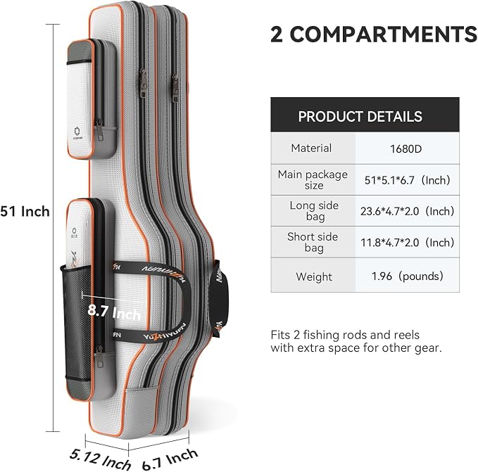 Fishing Rod Case & Bag Triple-Layer - 1680D Oxford, Wire-Reinforced Anti-Deforming, Foldable Portable, Quick-Access Compartments, Fishing Gift for Men Anglers