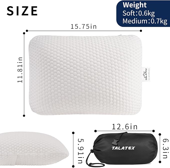 Talatex 100% Natural Premium Talalay Latex Travel Pillow, Camping Pillow, Small Camping Pillow with Compressible Stuff Sack, No Memory Foam Chemicals with Washable Cover (Soft Latex, 1)