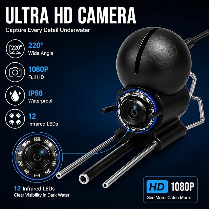 Underwater Fishing Camera with 1080P IPS Screen, Waterproof 220°Ultra-Wide Infrared Night Vision Lens, 98ft Cable for Ice, Lake, Boat, Kayak Fishing