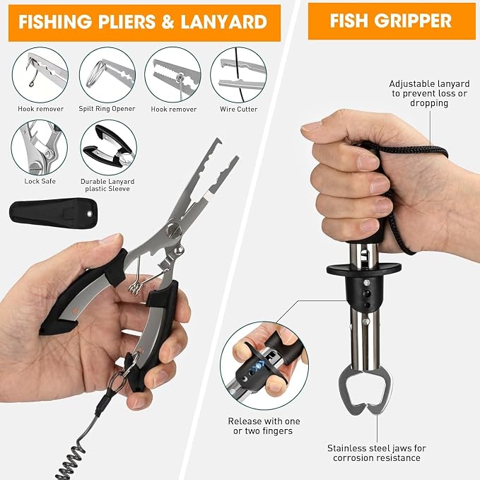 THKFISH 85Pcs Fishing Tool Kit, Fishing Backpack with Tackle Boxes Included, Fishing Tackle Kit Include Fishing Bait Lure Gear Kit, Fishing Pliers, Fish Hook Remover, Lip Gripper