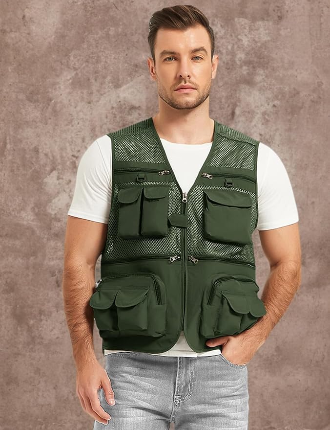 Flygo Men's Fishing Vest Utility Lightweight Outdoor Travel Safari Photo Cargo Vest with 16 Pockets