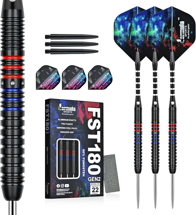 Formula Sports 90% Tungsten Darts Metal Tip Set - Professional Steel Tip Darts Set 21g/22g/23g/24g, with Aluminum Shafts, Tungsten Barrels, Dart Sharpener, Extra Flights