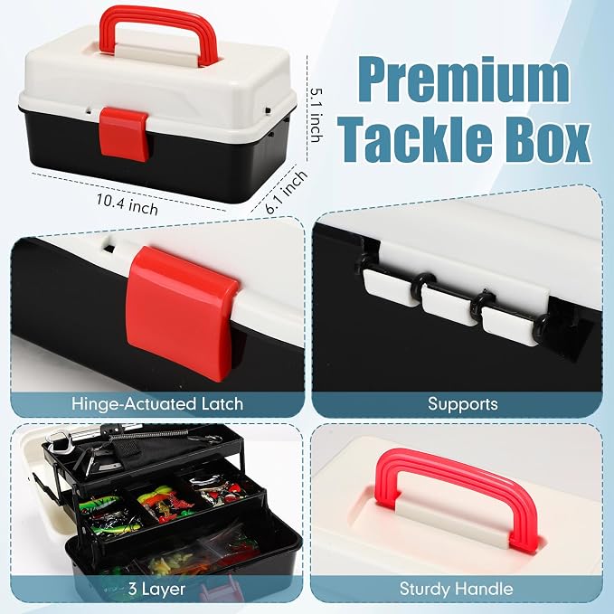 RoundFunny 3 Layers Fishing Tackle Box 414 Pcs Fishing Gift Lures Gear Kit with Tackle Included Pliers Lip Gripper Bait Hook Accessories for Beginner Fisherman Women Men, Fit Bass Trout
