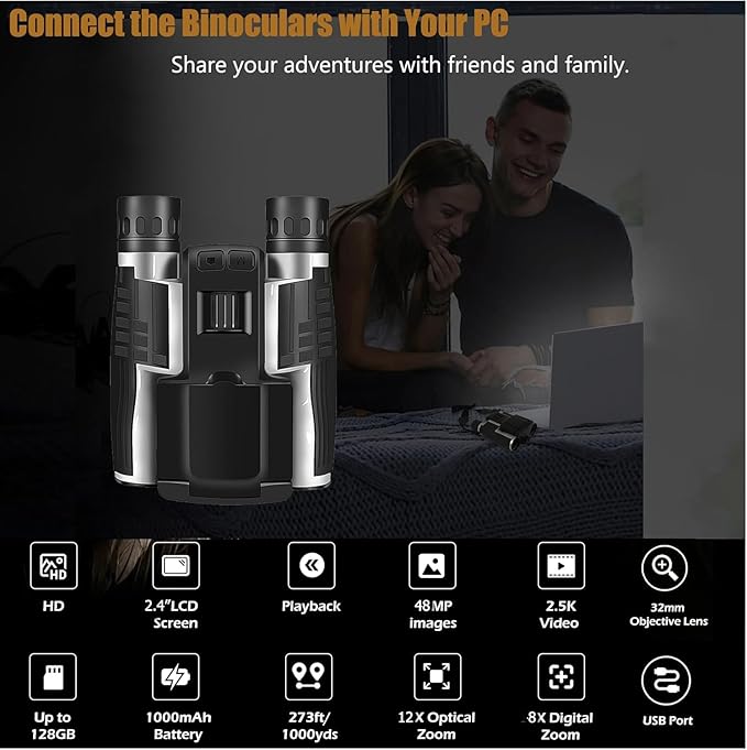 2.4" LCD Digital Binoculars with Camera for Adults, 12x32 Video Photo Recoder 48MP 2.5K for Bird Watching Hunting Concerts and Sports Game with 32GB Cards