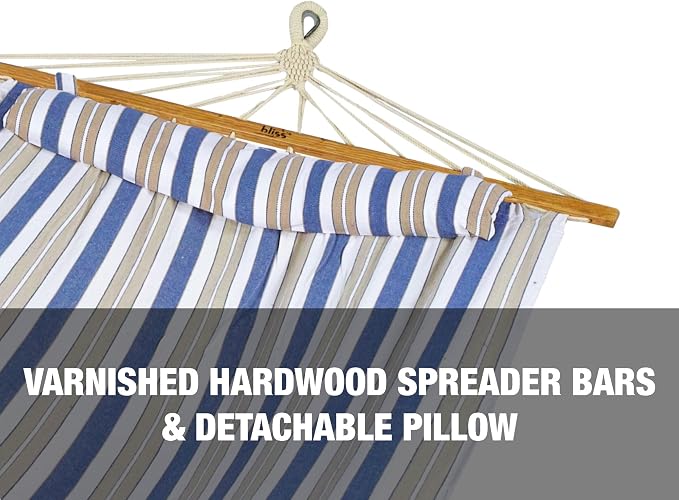 Bliss Hammocks BH-404H 48in Wide Caribbean Hammock w/Pillow, Poolside Patio Backyard Hammock, Includes Straps & Chains, Eco Friendly Polyester & Cotton Blend, 265 Pound Capacity, Nautical Stripe