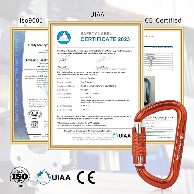 NewDoar 28KN UIAA & CE Certified Auto Climbing Carabiner Professional Heavy Duty Caribeaner for Rappelling D-Shaped