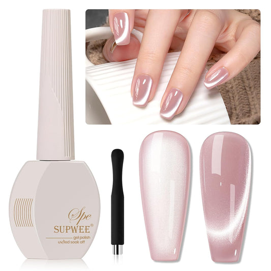 Pink Cat Eye Gel Nail Polish, 15ml Light Pink Jelly Glassy Gel Polish with Magnet Moonlight Shimmer Glitter Magnetic Nail Polish Soak Off U V Salon DIY at Home
