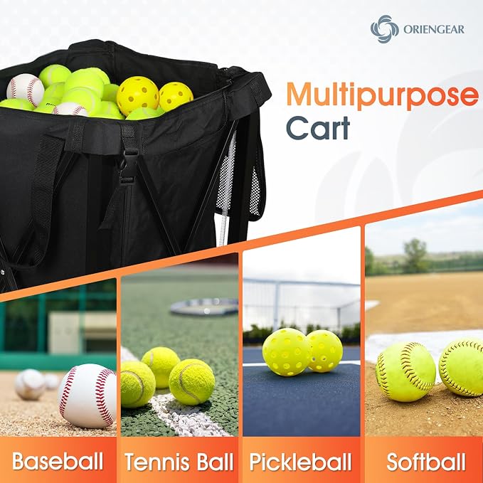ORIENGEAR Wheeled Pop-up Tennis Ball Hopper, 150-Ball Capacity Basket with Side Pockets & Carrying Bag, Lightweight Sports Teaching Cart for Tennis, Pickleball, Baseball and Softball