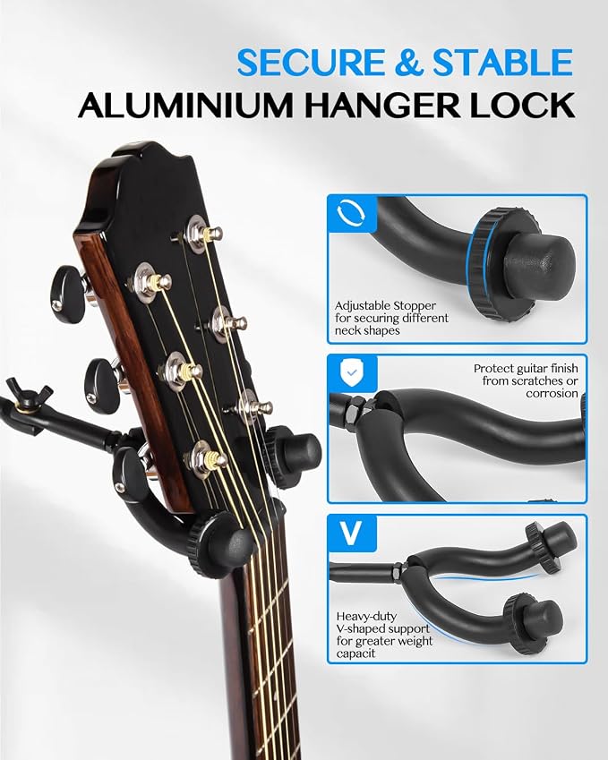STRICH Guitar Wall Mount Hangers for Multiple Guitars, Holds 8 Guitars, Walnut Wood Grain, Strong Aluminum Metal Guitar Stand Rack Bass Holder, Adjustable Instruments Display Set, SMH-08W