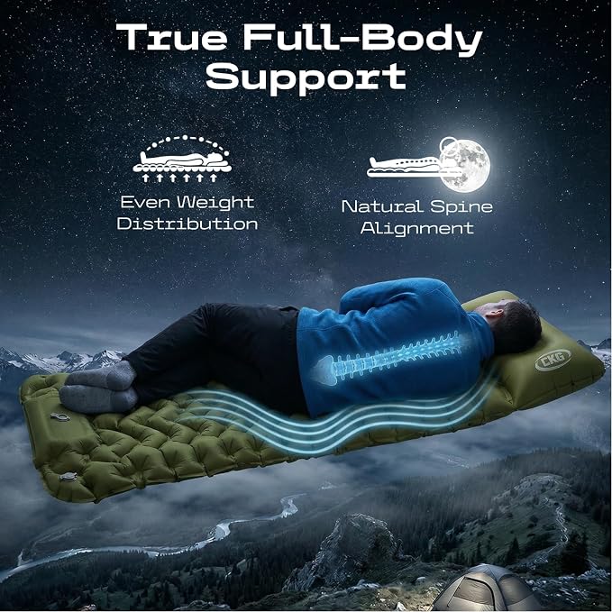 CKG Camping Sleeping Pad with Thermal Barrier, Ultralight Camping Mat 4in Thick with Pillow, Built-in Foot Pump Self Inflating Sleeping Pad for Hiking Tent Road Trip Car Camp Travel Gear, Green