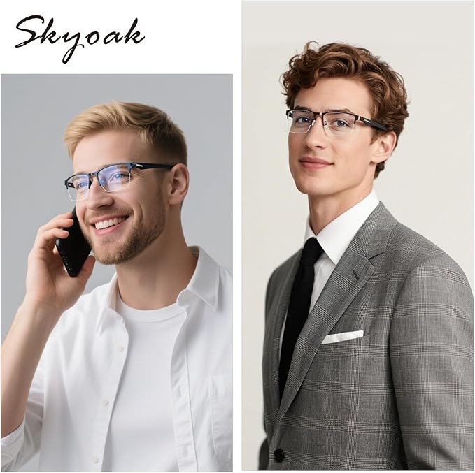 SKYOAK 2 Pack Premium Quality Progressive Multifocus Half Frame Reading Glasses for Men, No-Line Blue Light Blocking Computer Readers Multifocal Eyeglasses with TR90 Temples, Blue and Brown +150x