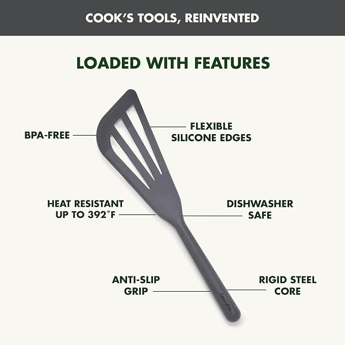 GreenPan Silicone Fish Turner Spatula, Slotted Cooking Kitchen Utensil, Flexible Rubber Nonstick Cookware, Rigid Steel Core, Heat-Resistant, Anti-Slip Handle, BPA-Free, Dishwasher Safe, Gray