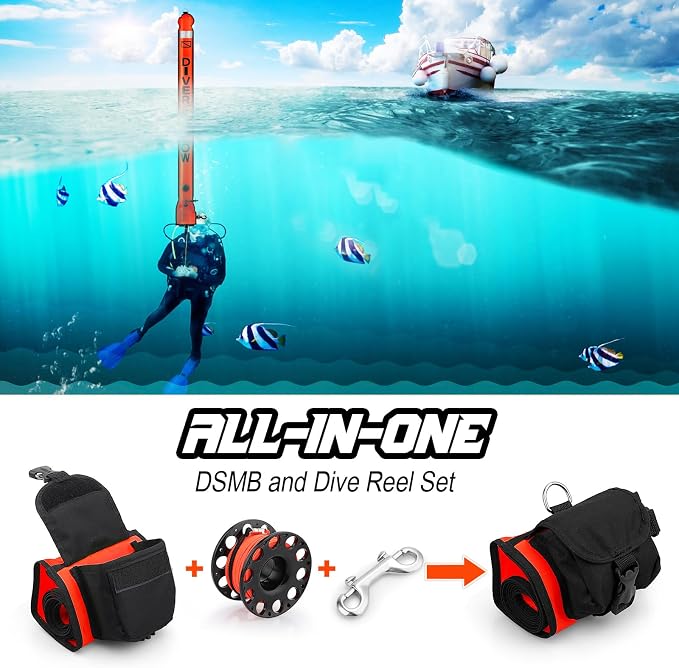 Surface Marker Buoy Scuba with Reel, 5ft High Visibility Diving Open Bottom Signal Tube Safety Sausage with Pouch Bag, 100ft ABS Dive Reel and Steel Double-Ended Bolt Snap (Hi-Vi Red)