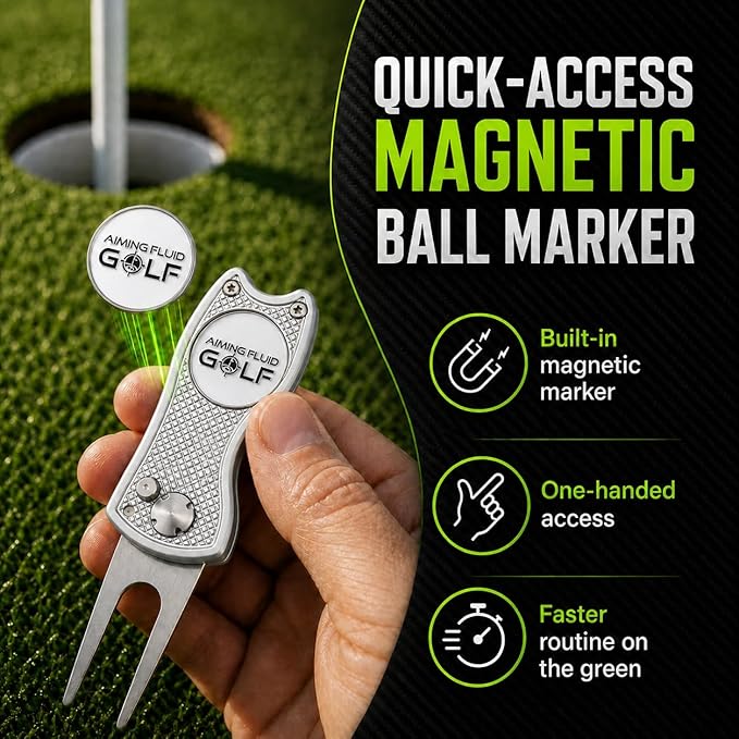 Golf Divot Repair Tool — 5-in-1 Golfing Ball Marker, Pitch Mark Repair, Putting Alignment, Club Tee, and Groove Cleaner, Accessory Metal Switchblade Design - Ideal Gift for Golfers
