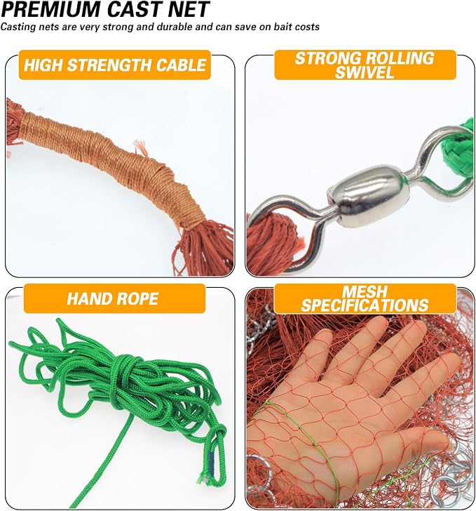 Nylon Monofilament Cast Net, 4FT/6FT/7FT/8FT/9FT/10FT/12FT American Style Hand Throwing Fishing Net with Iron Chain Weights for Saltwater and Freshwater