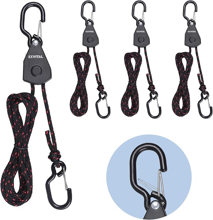 4PCS Kayak Rope Tie Down Ratchet Straps 1/8" ×6' Bow and Stern Tie Down Kayak with Safety S Hooks Heavy Duty Ratchet Rope Kayaks and Canoe Accessories Black