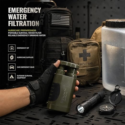 Hand Pump Water Filter, 0.01 Micron Portable Emergency Water Gear, 4-Stage Filtration System for Camping, Hiking, Fishing, Hunting & Outdoor Adventure