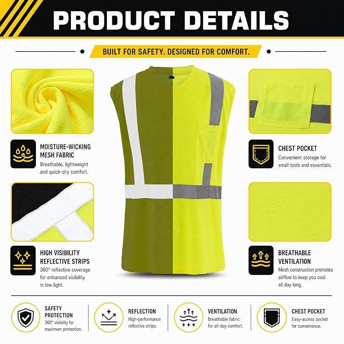 Amylove 4 Pcs Hi Vis Sleeveless Reflective Shirt for Men Class 2 Construction Work Shirts with Pockets for Men Women