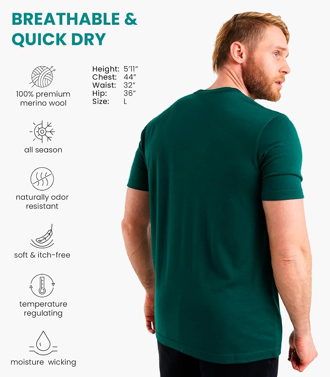 Merino Wool T-Shirt Mens - Merino Wool Undershirt Thermal Shirt for Men and Hiking Socks