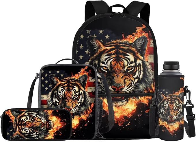 Fire Tiger Backpack for Kids Girls School Bag with with Lunch Box Water Bottle Set Pencil Case Casual American Flag Daypack for Hiking Travel Elementary Bagpack Back to School Supplies