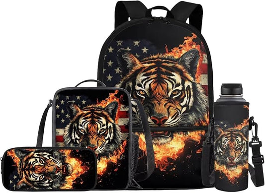 Fire Tiger Backpack for Kids Girls School Bag with with Lunch Box Water Bottle Set Pencil Case Casual American Flag Daypack for Hiking Travel Elementary Bagpack Back to School Supplies