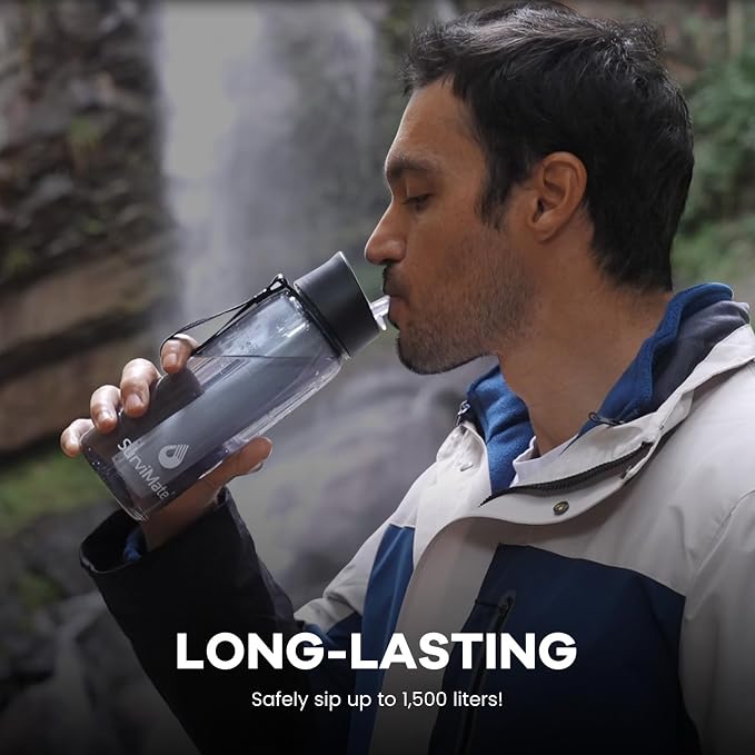 SurviMate Purified Water Bottle for Camping, Hiking, Backpacking and Travel, BPA Free with 5-Stage Intergrated Filter Straw