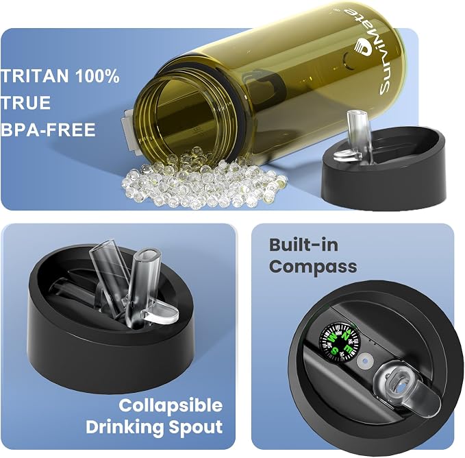 SurviMate Purified Water Bottle for Camping, Hiking, Backpacking and Travel, BPA Free with 5-Stage Intergrated Filter Straw