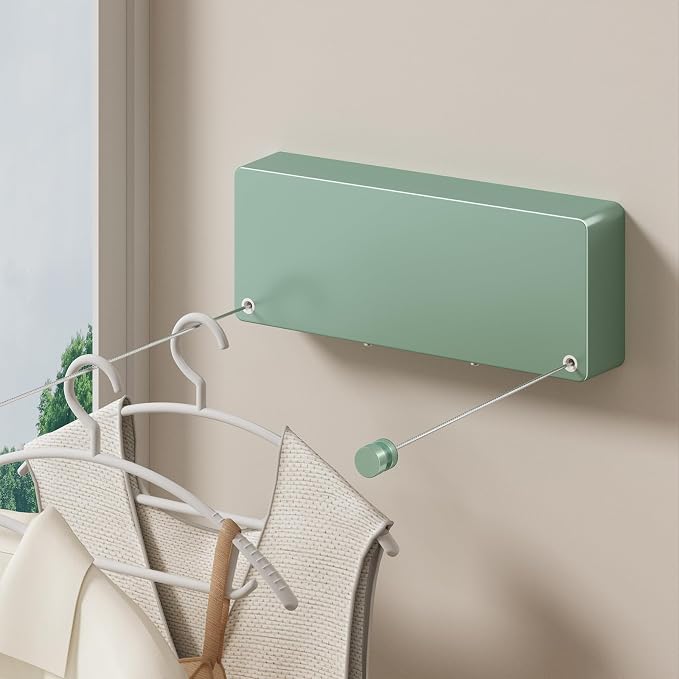 Retractable Clothesline Indoor, Non-Sagging Clothes line retracting Outdoor, Heavy Duty Wall Mounted Laundry Line Adjustable Stainless Steel for Laundryroom, Bathroom, 15.8 Feets Double Lines Green
