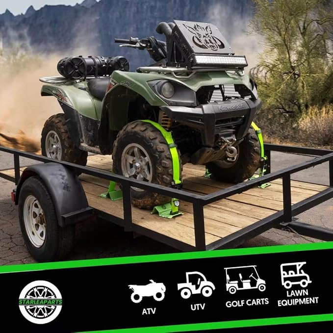 Heavy Duty Wheel Chock Tie Down Straps Set (2PK) - 4,400lb Guaranteed Max Break Strength, (2) 2" x 6' Trailer Tire Straps with (4) Wheel Chocks for ATV, UTV or Tractors