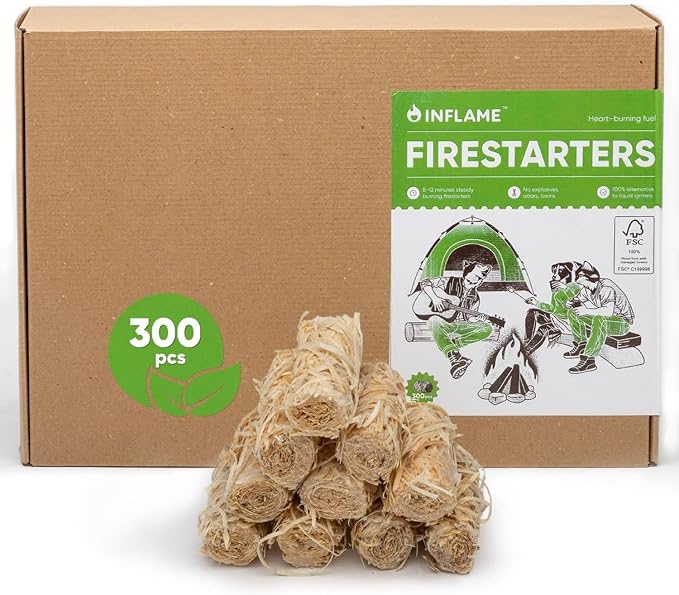Inflame Fire Starters 300 pcs - Fire Starters for Campfires, Charcoal, Grill, BBQ, Fireplace, Chimney, Woodstove - Waterproof, Weather-Resistant - Natural Wood Starters