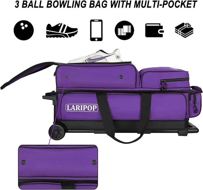 LARIPOP 3 Ball Bowling Bag with Wheels and Shoe Compartment, Rolling Bowling Bag for 3 Balls, Heavy Duty Bowling Roller Bag with Retractable Handle for Men Women