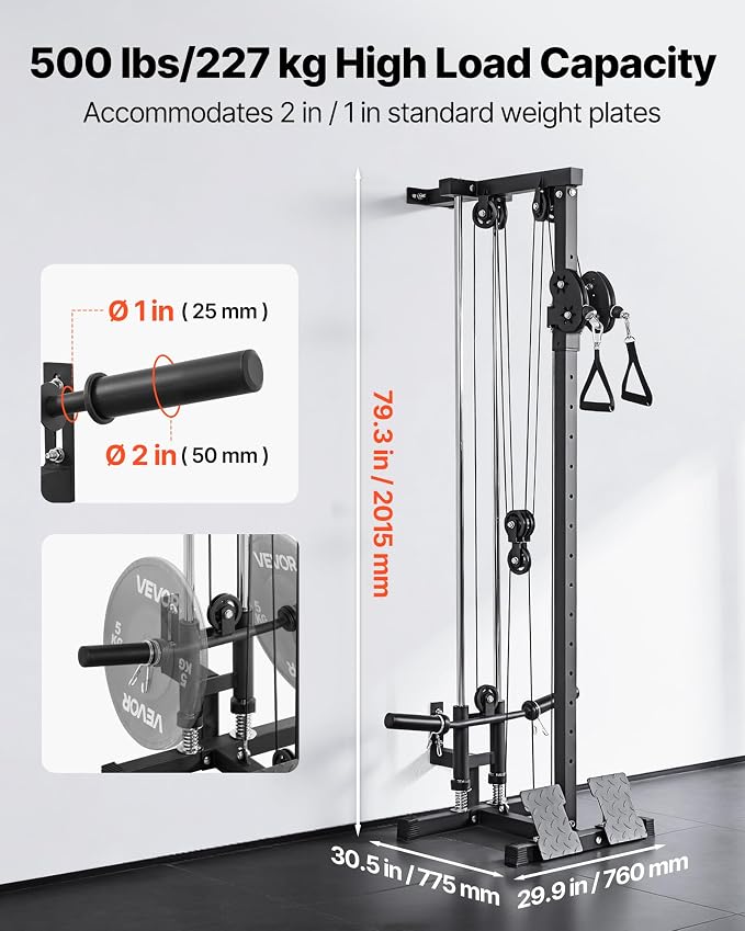 VEVOR LAT Pull Down Machine, 3-in-1 Row Cable Machine, Cable Machines Home Gym with 18-Levels Height Adjustment, Wall-Mount Design, Load 500 lbs LAT Tower for Full-Body Workouts, Single-Arm Training