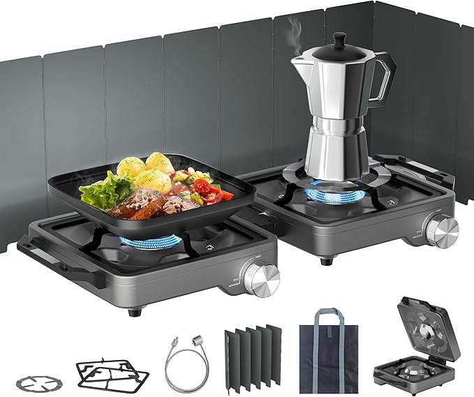 27000 BTUs 2 Burner Folding Camp Stove with Windshield, Portable Camping Stove Propane with Adjustable Burners &Carring Bag, Propane Gas Stove for Camping, Tailgating, BBQ
