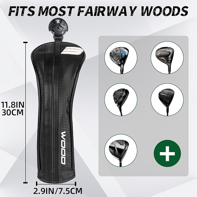 Golf Club Head Covers for Driver Fairway Woods Hybrid, Premium PU Leather Golf Head Covers with Carbon Fiber Pattern, Interchangeable Number Tags, Waterproof Golf Club Covers Set for Men Women