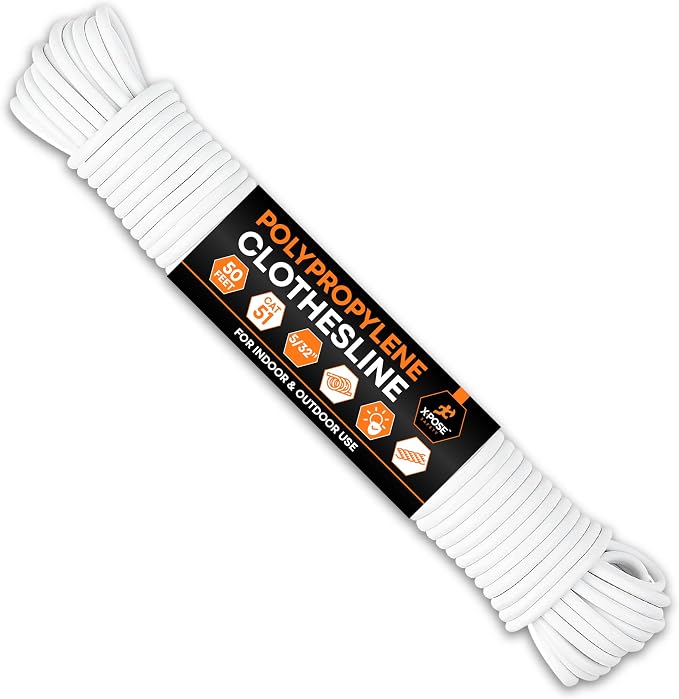 Plastic Clothesline Rope 5/32" x 50 FT, White Outdoor Clothes Line for Hanging and Drying Laundry, Weather Resistant Braided Plastic Laundry Line, Synthetic Cord for Clothesline Pulley