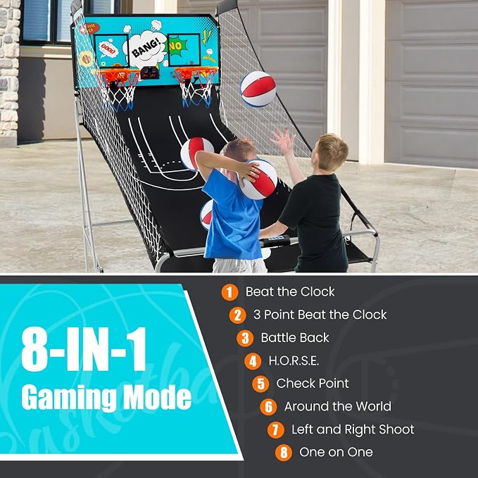 Giantex Foldable Basketball Arcade Game, 8 Game Options, Electronic Double Shot 2 Player w/ 4 Balls and LED Scoring System, Indoor Basketball Game for Kids, Adult