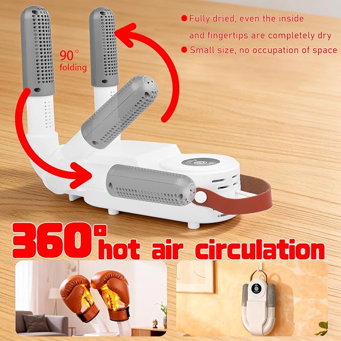 Boxing Gloves Dryer, 48°C Constant Temp Glove Dryer w/ 0-120 Min Timer, Fast MCH Heat, Dual Air Duct, Foldable Portable Gear Dryer for Boxing for Kids and Adults Effectively Eliminates Odors(White)