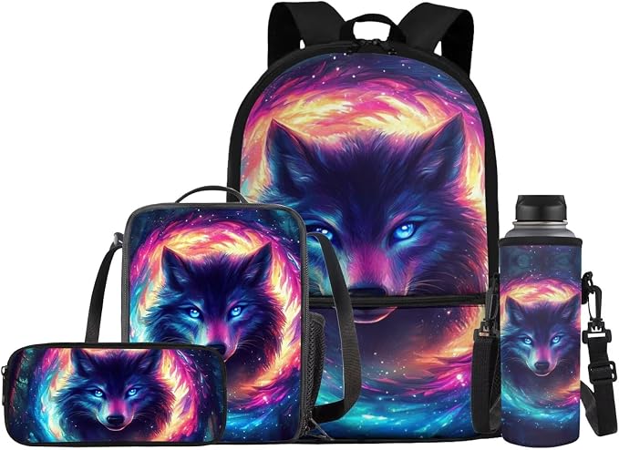 Kids School Bag Wolf Backpack for Girls Bookbag with Lunch Box and Water Bottle Holder Pencil Case 4 Piece Back to School Supplies