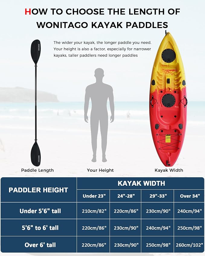 Kayak Paddle with Fiberglass Shaft and Reinforced Nylon Blade, Adjustable Kayaking Oars, 3 Piece, 230-250 cm/90-98 inches, 210-230 cm/82-90 inches