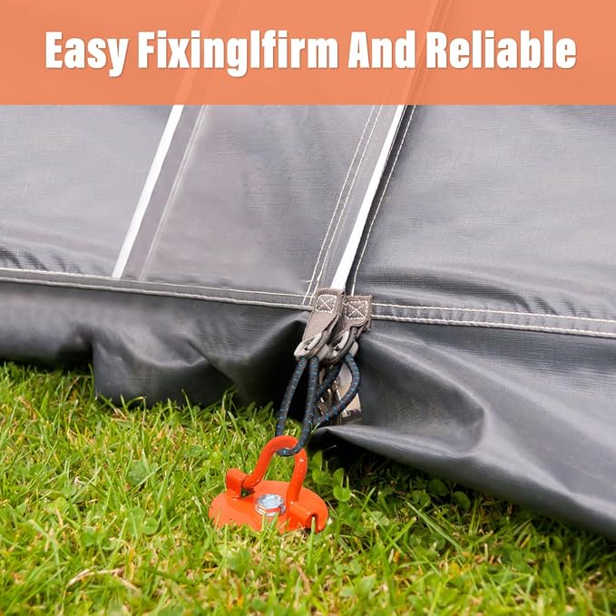 MIXXIDEA Gound Anchors Screw in, Metal Spiral Earth Anchors Kit, Heavy Duty Folding Ring Spiral Stake with Straps, Ground Stakes for Tent (Orange, 17.5 Inch)