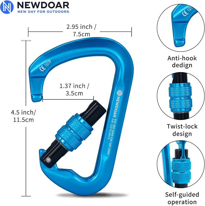 NewDoar CE Certified 30kN-6744lbs Climbing Carabiner Professional, Heavy Duty D Screwgate Clip, for Climbing,Rappelling,Hunting, Rescue