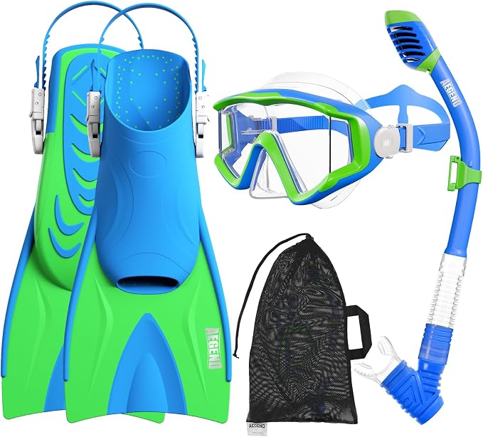 Aegend Snorkeling Gear for Kids Youth – 4-in-1 Snorkel Set with Anti-Fog Mask, Dry Snorkel & Adjustable Fins for Swimming, Diving, Snorkeling, Beach Vacation – Includes Travel Mesh Bag